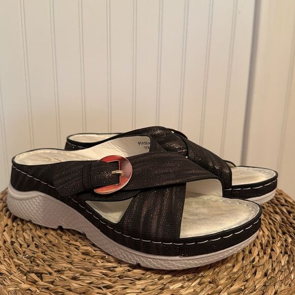 Flexus Italian Comfort by Spring Step  Women's Persemia Black Slide Sandals - B7 - Picture 2 of 8